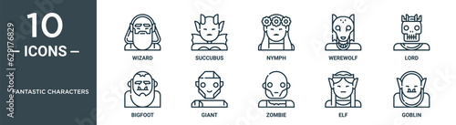 fantastic characters outline icon set includes thin line wizard, succubus, nymph, werewolf, lord, bigfoot, giant icons for report, presentation, diagram, web design