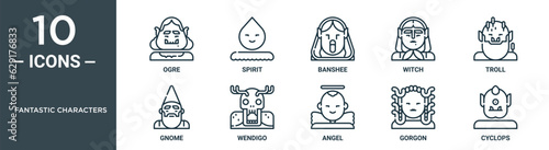fantastic characters outline icon set includes thin line ogre, spirit, banshee, witch, troll, gnome, wendigo icons for report, presentation, diagram, web design