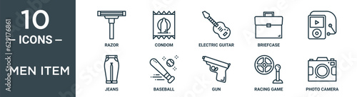 men item outline icon set includes thin line razor, condom, electric guitar, briefcase, , jeans, baseball icons for report, presentation, diagram, web design