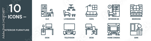 interior furniture outline icon set includes thin line clo, livingroom, sofa, interior de, bedroom, desk, television icons for report, presentation, diagram, web design