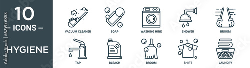 hygiene outline icon set includes thin line vacuum cleaner, soap, washing hine, shower, broom, tap, bleach icons for report, presentation, diagram, web design