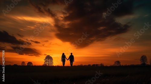 silhouettes couple holding hands at sunset. 