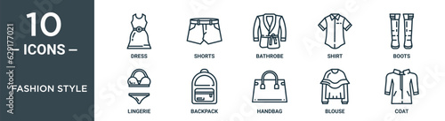 fashion style outline icon set includes thin line dress, shorts, bathrobe, shirt, boots, lingerie, backpack icons for report, presentation, diagram, web design