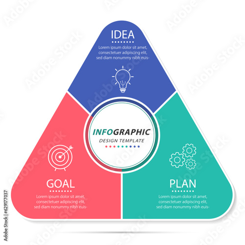 Triangle infographic template. 3 Step timeline journey, calendar Flat simple infographics design template. presentation graph. Business concept with 3 options, vector illustration.