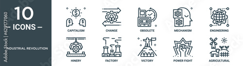 industrial revolution outline icon set includes thin line capitalism, change, obsolete, mechanism, engineering, hinery, factory icons for report, presentation, diagram, web design
