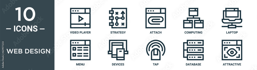 Obraz premium web design outline icon set includes thin line video player, strategy, attach, computing, laptop, menu, devices icons for report, presentation, diagram, web design