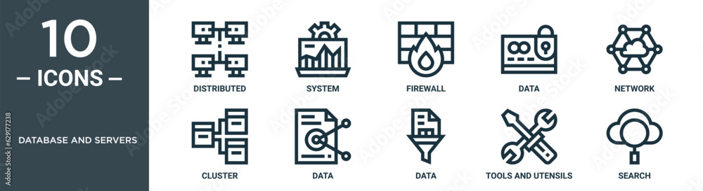 database and servers outline icon set includes thin line distributed, system, firewall, data, network, cluster, data icons for report, presentation, diagram, web design database and servers outline icon set includes thin line distributed, system, firewall, data, network, cluster, data icons for report, presentation, diagram, web design