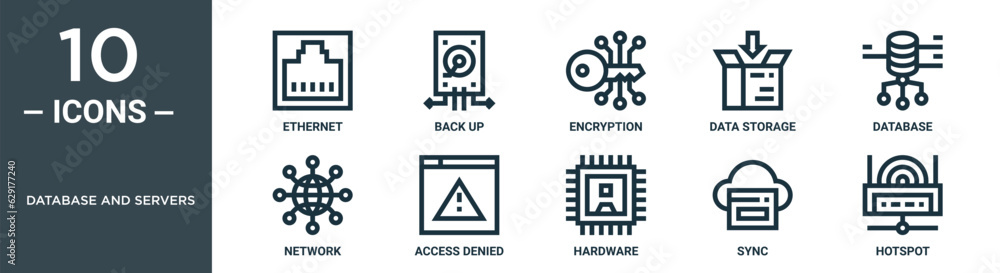 database and servers outline icon set includes thin line ethernet, back up, encryption, data storage, database, network, access denied icons for report, presentation, diagram, web design database and servers outline icon set includes thin line ethernet, back up, encryption, data storage, database, network, access denied icons for report, presentation, diagram, web design