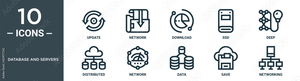 database and servers outline icon set includes thin line update, network, download, ssd, deep, distributed, network icons for report, presentation, diagram, web design database and servers outline icon set includes thin line update, network, download, ssd, deep, distributed, network icons for report, presentation, diagram, web design