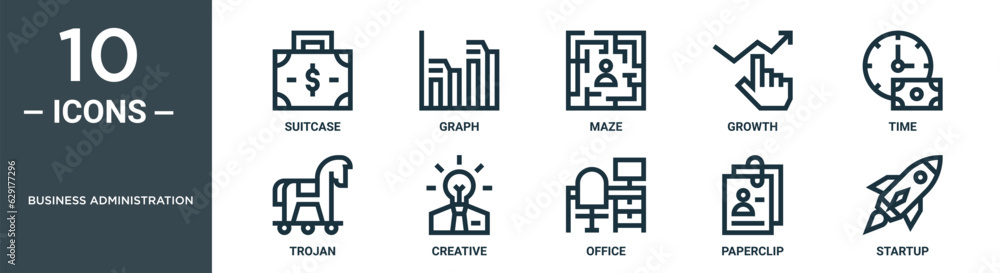 business administration outline icon set includes thin line suitcase, graph, maze, growth, time, trojan, creative icons for report, presentation, diagram, web design business administration outline icon set includes thin line suitcase, graph, maze, growth, time, trojan, creative icons for report, presentation, diagram, web design
