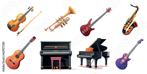Set of bright musical instruments in cartoon style.