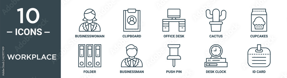 workplace outline icon set includes thin line businesswoman, clipboard, office desk, cactus, cupcakes, folder, businessman icons for report, presentation, diagram, web design workplace outline icon set includes thin line businesswoman, clipboard, office desk, cactus, cupcakes, folder, businessman icons for report, presentation, diagram, web design