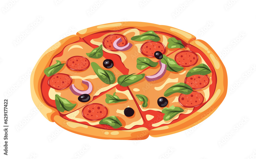 Bright pizza with sausage in cartoon style. Bright pizza with sausage in cartoon style.