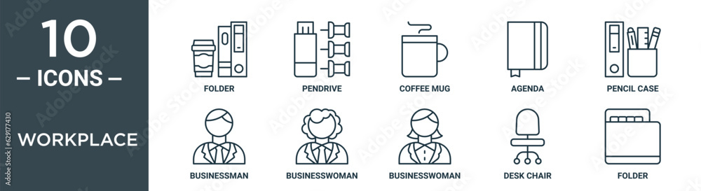workplace outline icon set includes thin line folder, pendrive, coffee mug, agenda, pencil case, businessman, businesswoman icons for report, presentation, diagram, web design workplace outline icon set includes thin line folder, pendrive, coffee mug, agenda, pencil case, businessman, businesswoman icons for report, presentation, diagram, web design