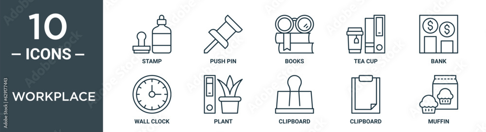 workplace outline icon set includes thin line stamp, push pin, books, tea cup, bank, wall clock, plant icons for report, presentation, diagram, web design