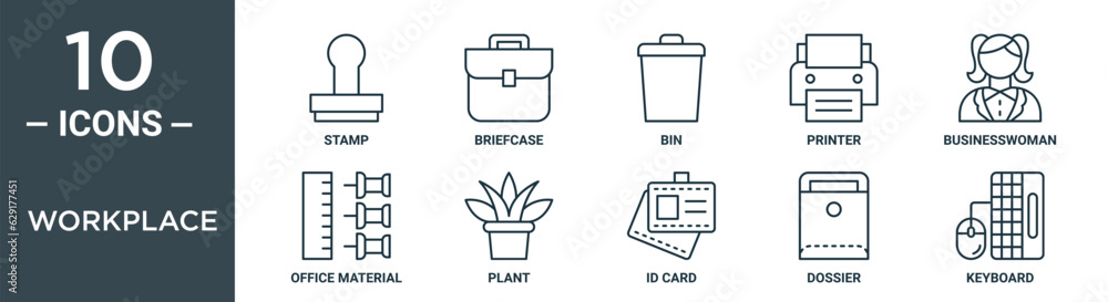 workplace outline icon set includes thin line stamp, briefcase, bin, printer, businesswoman, office material, plant icons for report, presentation, diagram, web design