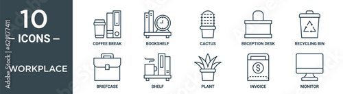 workplace outline icon set includes thin line coffee break, bookshelf, cactus, reception desk, recycling bin, briefcase, shelf icons for report, presentation, diagram, web design