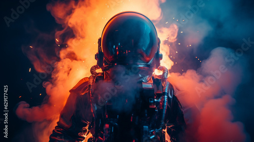 Space Voyager: Close-Up of Astronaut amidst Neon Rocket Plume © TechArtTrends