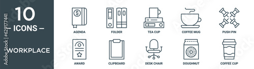 workplace outline icon set includes thin line agenda, folder, tea cup, coffee mug, push pin, award, clipboard icons for report, presentation, diagram, web design