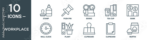 workplace outline icon set includes thin line stamp, push pin, books, tea cup, bank, wall clock, plant icons for report, presentation, diagram, web design