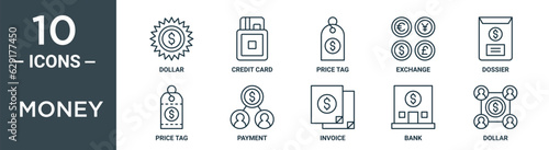 money outline icon set includes thin line dollar, credit card, price tag, exchange, dossier, price tag, payment icons for report, presentation, diagram, web design
