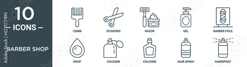 barber shop outline icon set includes thin line comb, scissors, razor, gel, barber pole, drop, cologne icons for report, presentation, diagram, web design