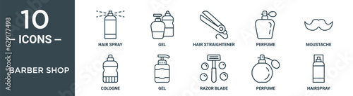 barber shop outline icon set includes thin line hair spray, gel, hair straightener, perfume, moustache, cologne, gel icons for report, presentation, diagram, web design