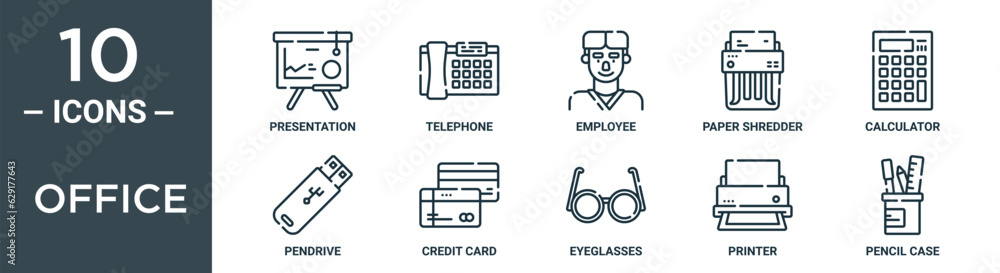 office outline icon set includes thin line presentation, telephone, employee, paper shredder, calculator, pendrive, credit card icons for report, presentation, diagram, web design office outline icon set includes thin line presentation, telephone, employee, paper shredder, calculator, pendrive, credit card icons for report, presentation, diagram, web design