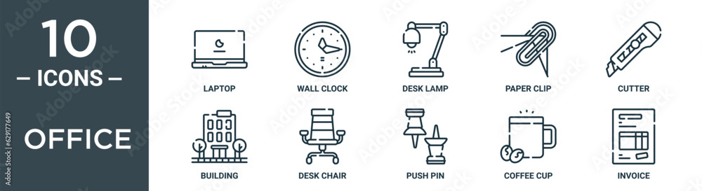 office outline icon set includes thin line laptop, wall clock, desk lamp, paper clip, cutter, building, desk chair icons for report, presentation, diagram, web design office outline icon set includes thin line laptop, wall clock, desk lamp, paper clip, cutter, building, desk chair icons for report, presentation, diagram, web design