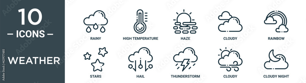weather outline icon set includes thin line rainy, high temperature, haze, cloudy, rainbow, stars, hail icons for report, presentation, diagram, web design weather outline icon set includes thin line rainy, high temperature, haze, cloudy, rainbow, stars, hail icons for report, presentation, diagram, web design