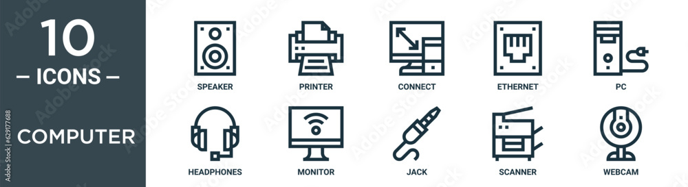 computer outline icon set includes thin line speaker, printer, connect, ethernet, pc, headphones, monitor icons for report, presentation, diagram, web design computer outline icon set includes thin line speaker, printer, connect, ethernet, pc, headphones, monitor icons for report, presentation, diagram, web design