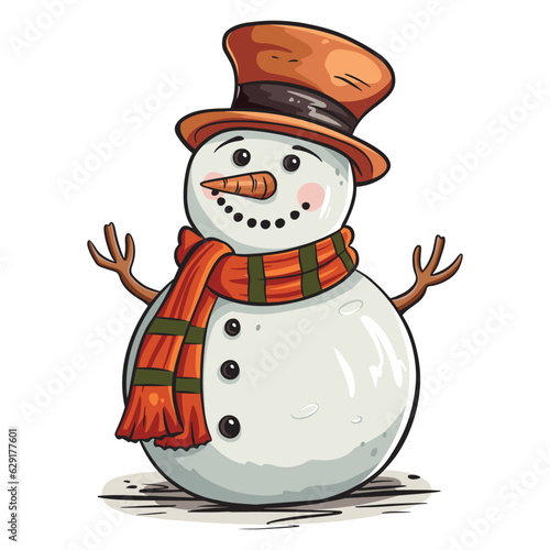 Cartoon snowman with hat and scarf in hand drawn style.