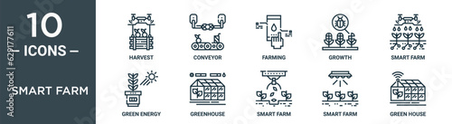 smart farm outline icon set includes thin line harvest, conveyor, farming, growth, smart farm, green energy, greenhouse icons for report, presentation, diagram, web design
