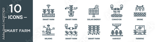 smart farm outline icon set includes thin line smart farm, smart farm, solar energy, conveyor, drone, milking, icons for report, presentation, diagram, web design