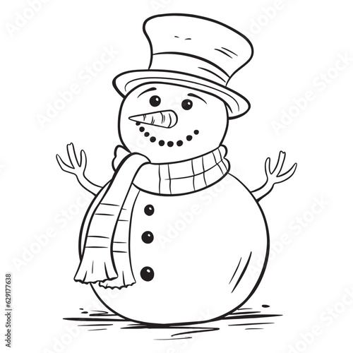 Cartoon snowman with hat and scarf in hand drawn style.