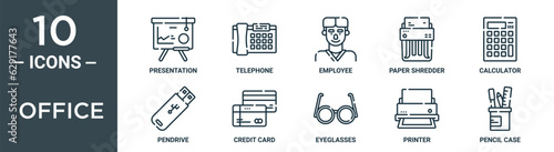 office outline icon set includes thin line presentation, telephone, employee, paper shredder, calculator, pendrive, credit card icons for report, presentation, diagram, web design