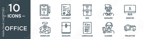 office outline icon set includes thin line clipboard, contract, box, manager, monitor, workflow, envelope icons for report, presentation, diagram, web design