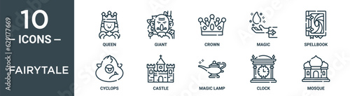 fairytale outline icon set includes thin line queen, giant, crown, magic, spellbook, cyclops, castle icons for report, presentation, diagram, web design