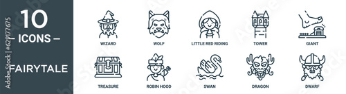 fairytale outline icon set includes thin line wizard, wolf, little red riding hood, tower, giant, treasure, robin hood icons for report, presentation, diagram, web design