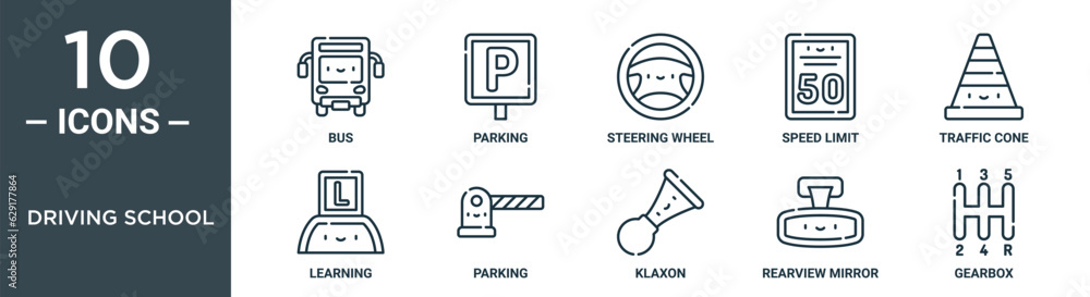 driving school outline icon set includes thin line bus, parking, steering wheel, speed limit, traffic cone, learning, parking icons for report, presentation, diagram, web design driving school outline icon set includes thin line bus, parking, steering wheel, speed limit, traffic cone, learning, parking icons for report, presentation, diagram, web design