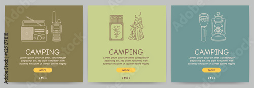 Set of promotional flyers for camping, travel, hiking, picnic. Vector illustration for poster, banner, cover, advertisement, web page.