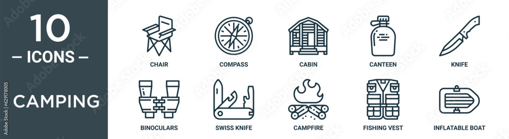 camping outline icon set includes thin line chair, compass, cabin, canteen, knife, binoculars, swiss knife icons for report, presentation, diagram, web design camping outline icon set includes thin line chair, compass, cabin, canteen, knife, binoculars, swiss knife icons for report, presentation, diagram, web design