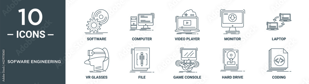 sofware engineering outline icon set includes thin line software, computer, video player, monitor, laptop, vr glasses, file icons for report, presentation, diagram, web design sofware engineering outline icon set includes thin line software, computer, video player, monitor, laptop, vr glasses, file icons for report, presentation, diagram, web design