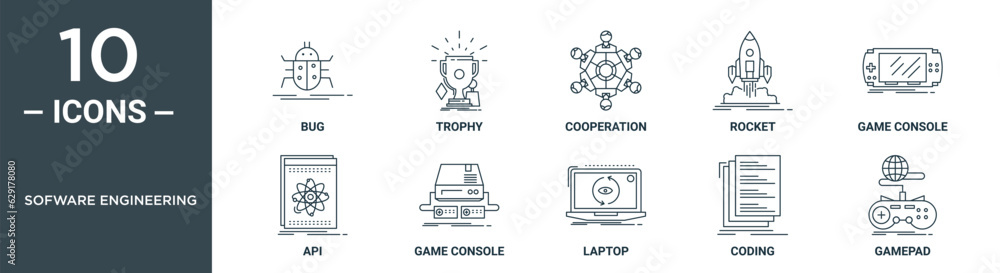 sofware engineering outline icon set includes thin line bug, trophy, cooperation, rocket, game console, api, game console icons for report, presentation, diagram, web design sofware engineering outline icon set includes thin line bug, trophy, cooperation, rocket, game console, api, game console icons for report, presentation, diagram, web design