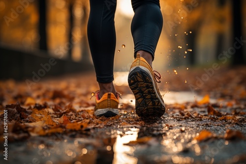Women's running shoes in a park at sunset in the fall 