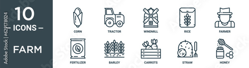 farm outline icon set includes thin line corn, tractor, windmill, rice, farmer, fertilizer, barley icons for report, presentation, diagram, web design