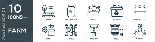 farm outline icon set includes thin line farm, milk bottle, fruit, seed bag, milk bottle, honey, fence icons for report, presentation, diagram, web design