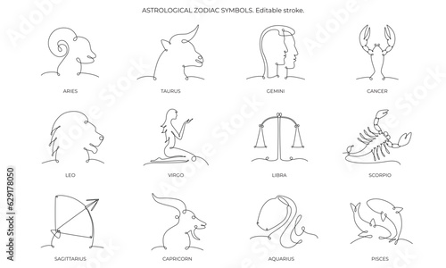 Astrological zodiac constellation one single hand drawing continues line symbols set. Vector stock illustration pack isolated on white background. Editable stroke line.