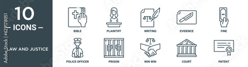 law and justice outline icon set includes thin line bible, plaintiff, writing, evidence, fine, police officer, prison icons for report, presentation, diagram, web design