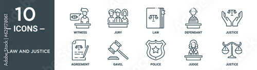 law and justice outline icon set includes thin line witness, jury, law, defendant, justice, agreement, gavel icons for report, presentation, diagram, web design